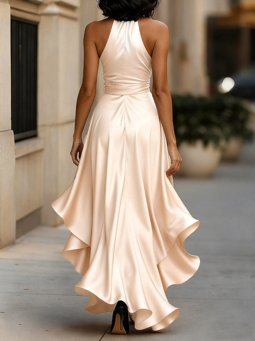 Satin Halter High Low Maxi Dress