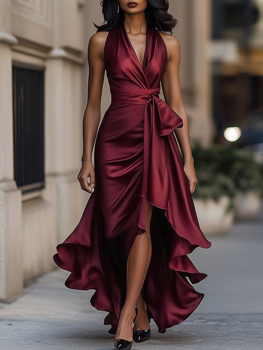 Satin Halter High Low Maxi Dress