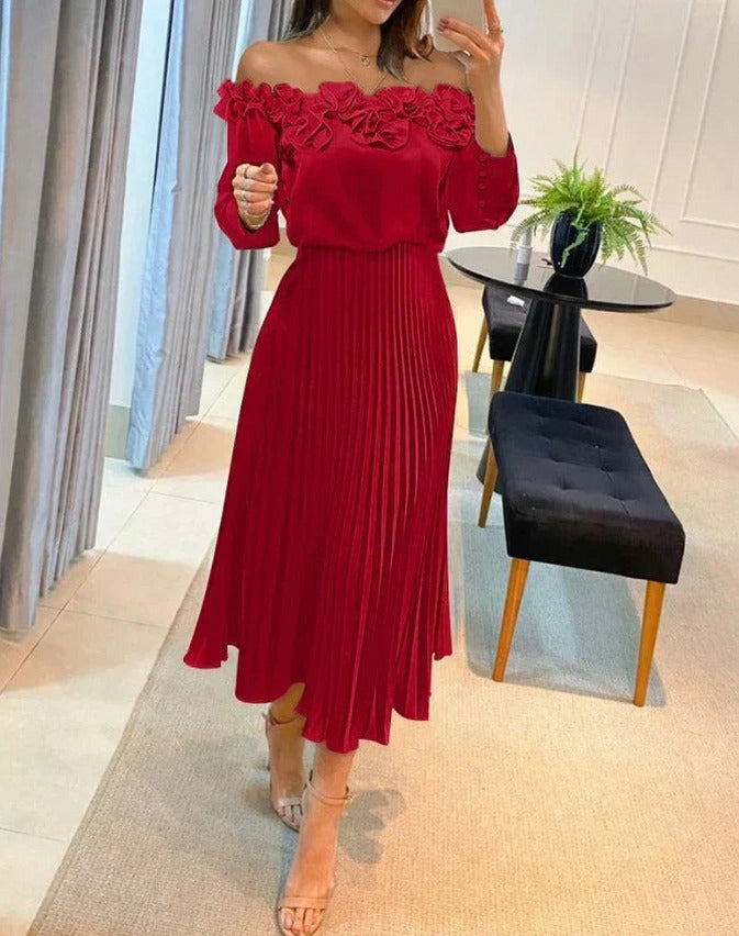 Off Shoulder Pleated Midi Dress
