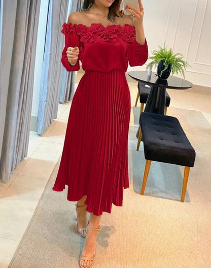 Off Shoulder Pleated Midi Dress