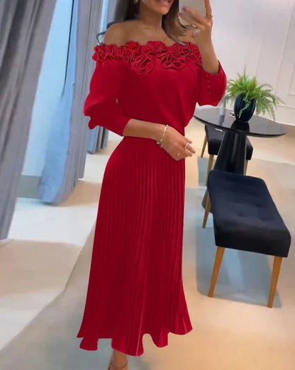 Off Shoulder Pleated Midi Dress