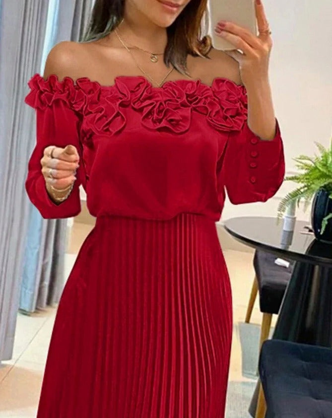 Off Shoulder Pleated Midi Dress