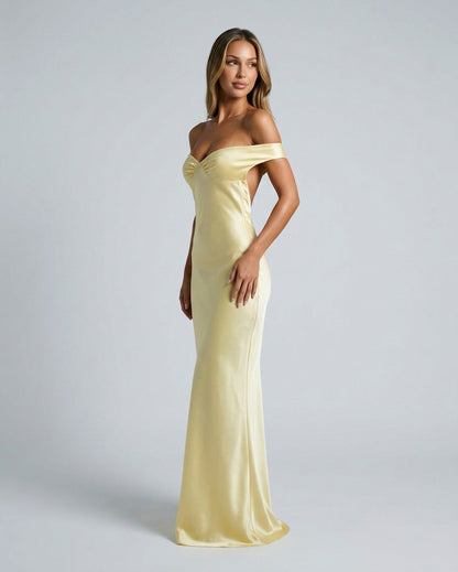 Off Shoulder Satin Formal Maxi Dress