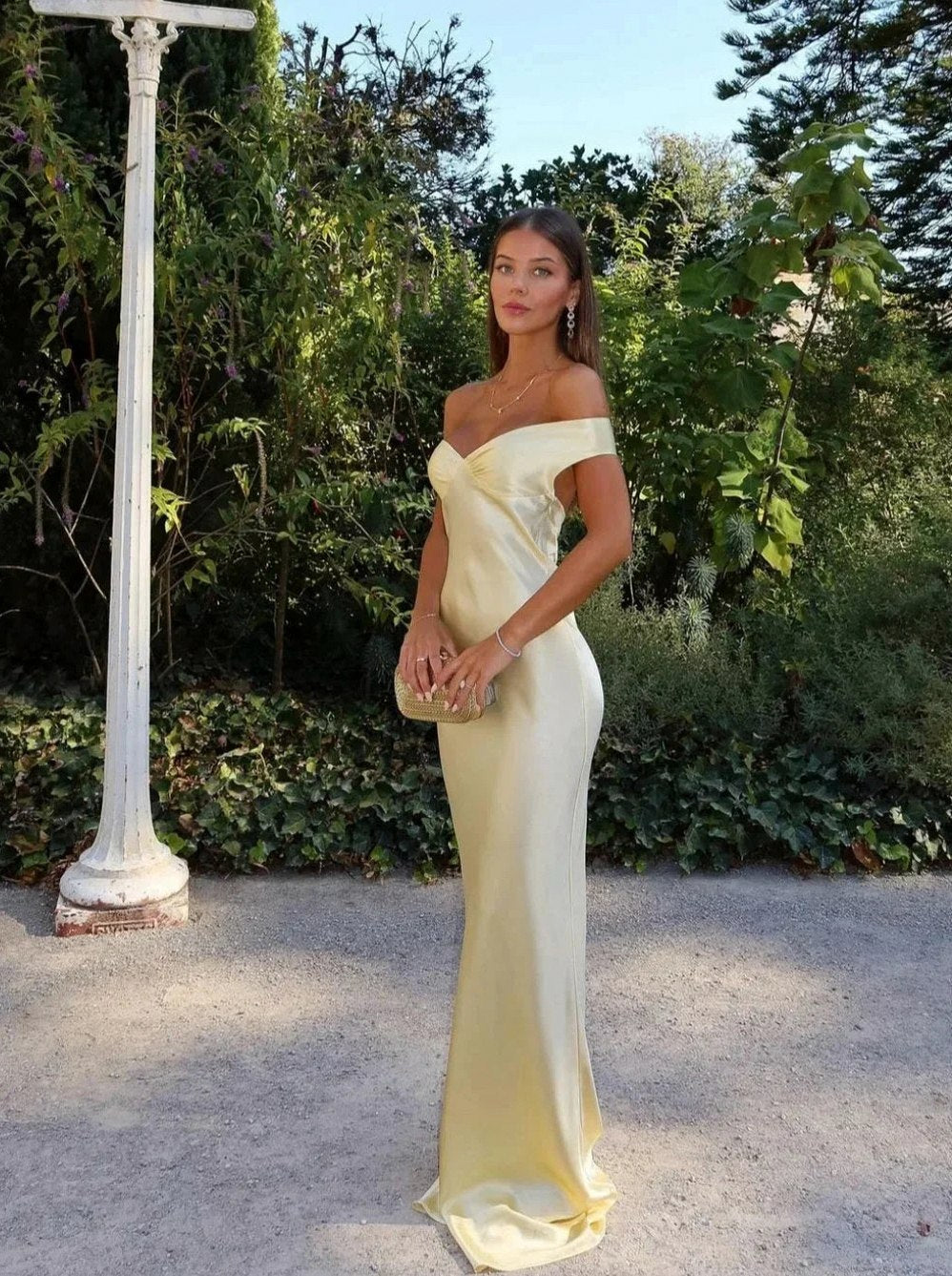 Off Shoulder Satin Formal Maxi Dress