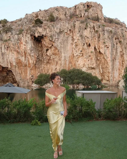 Off Shoulder Satin Formal Maxi Dress