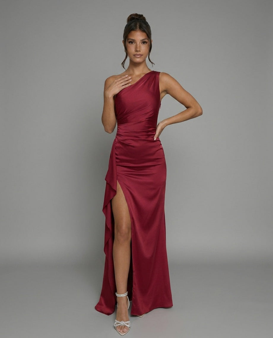One Shoulder Ruched Satin Maxi