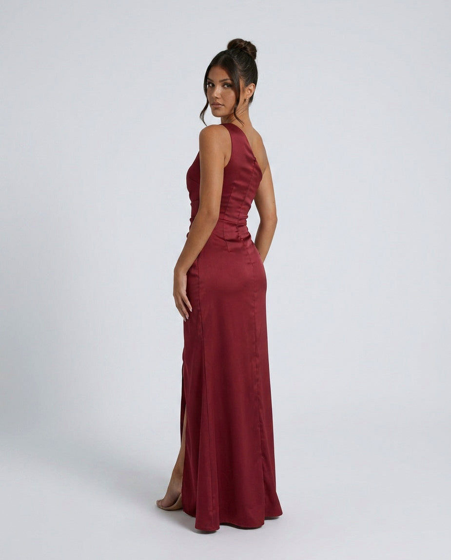 One Shoulder Ruched Satin Maxi