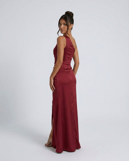 One Shoulder Ruched Satin Maxi