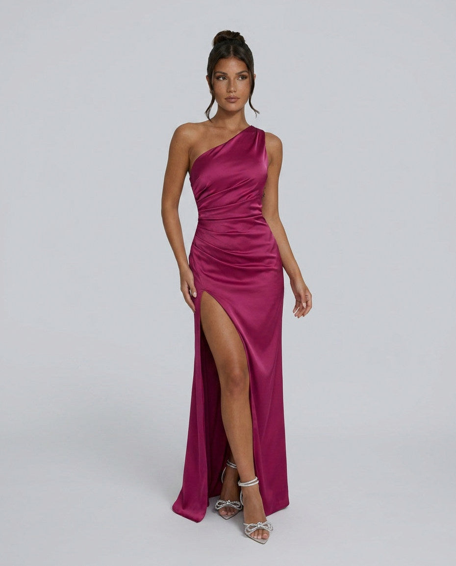One Shoulder Ruched Satin Maxi