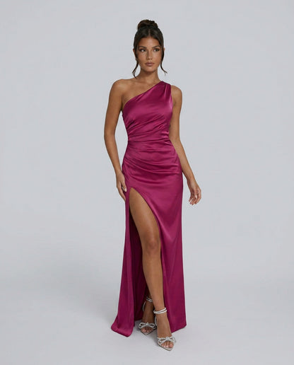 One Shoulder Ruched Satin Maxi