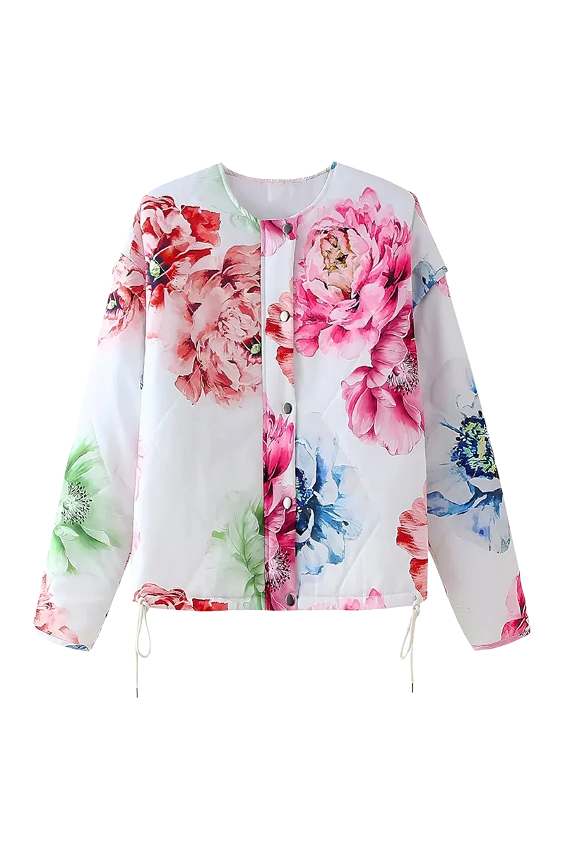 White - Women's oversized, cropped quilted jacket featuring a bold, large-scale floral print on a light background, styled with a snap-button front and drawstring hem.