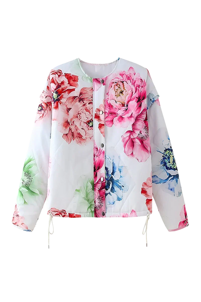 White - Women's oversized, cropped quilted jacket featuring a bold, large-scale floral print on a light background, styled with a snap-button front and drawstring hem.