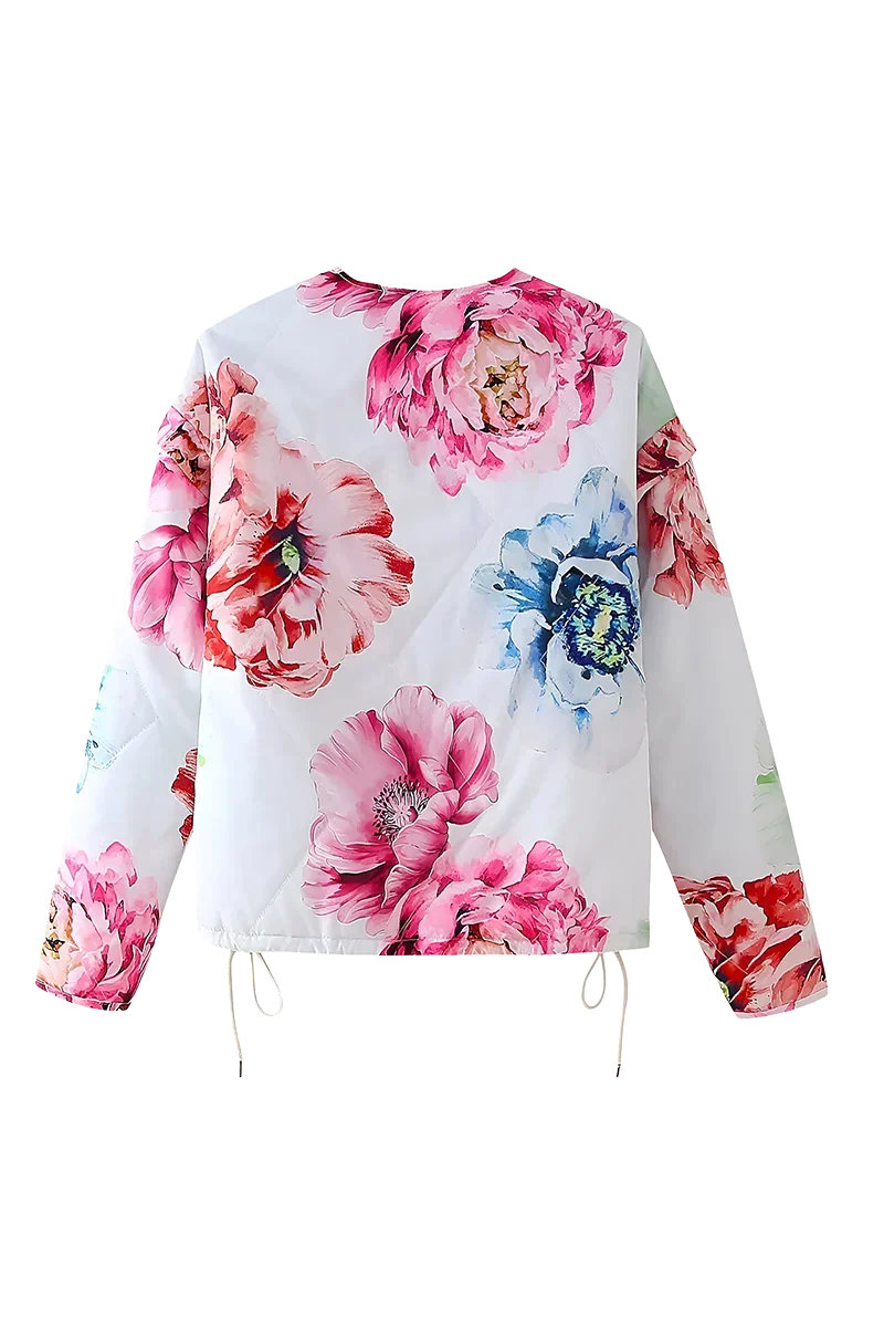 White - Women's oversized, cropped quilted jacket featuring a bold, large-scale floral print on a light background, styled with a snap-button front and drawstring hem.