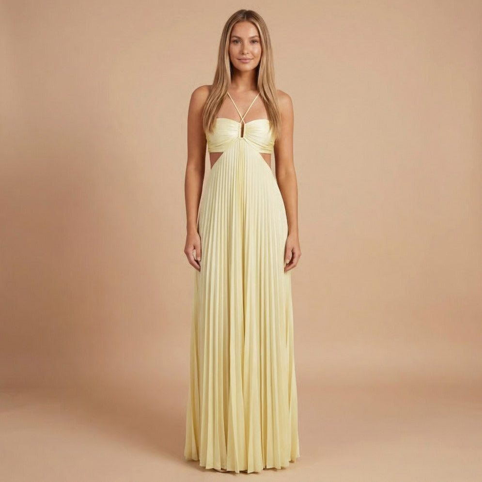 Pleated Halter Cutout Maxi Dress