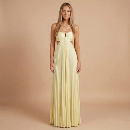 Pleated Halter Cutout Maxi Dress