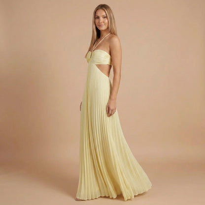 Pleated Halter Cutout Maxi Dress