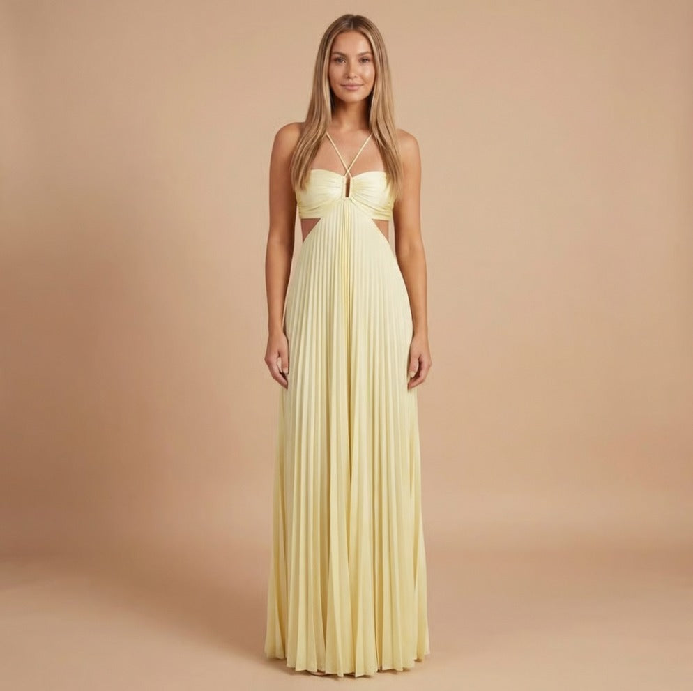 Pleated Halter Cutout Maxi Dress