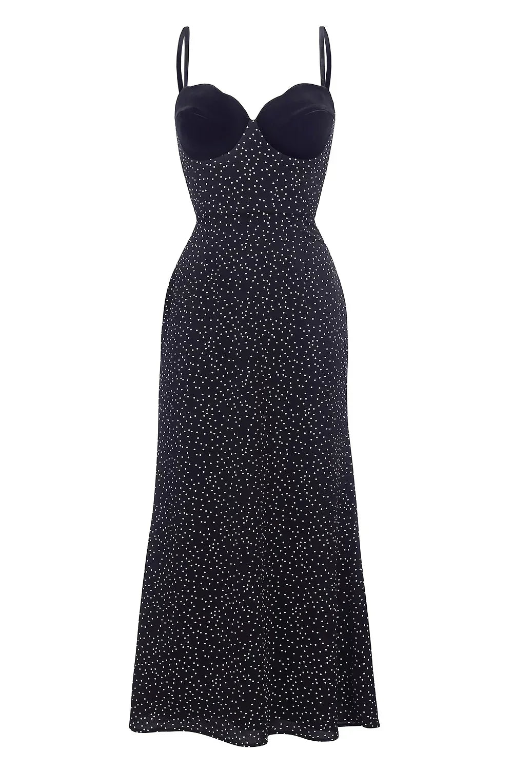 Black - A woman models a black formal maxi dress featuring a velvet sweetheart bustier, spaghetti straps, and an all-over white polka dot pattern.