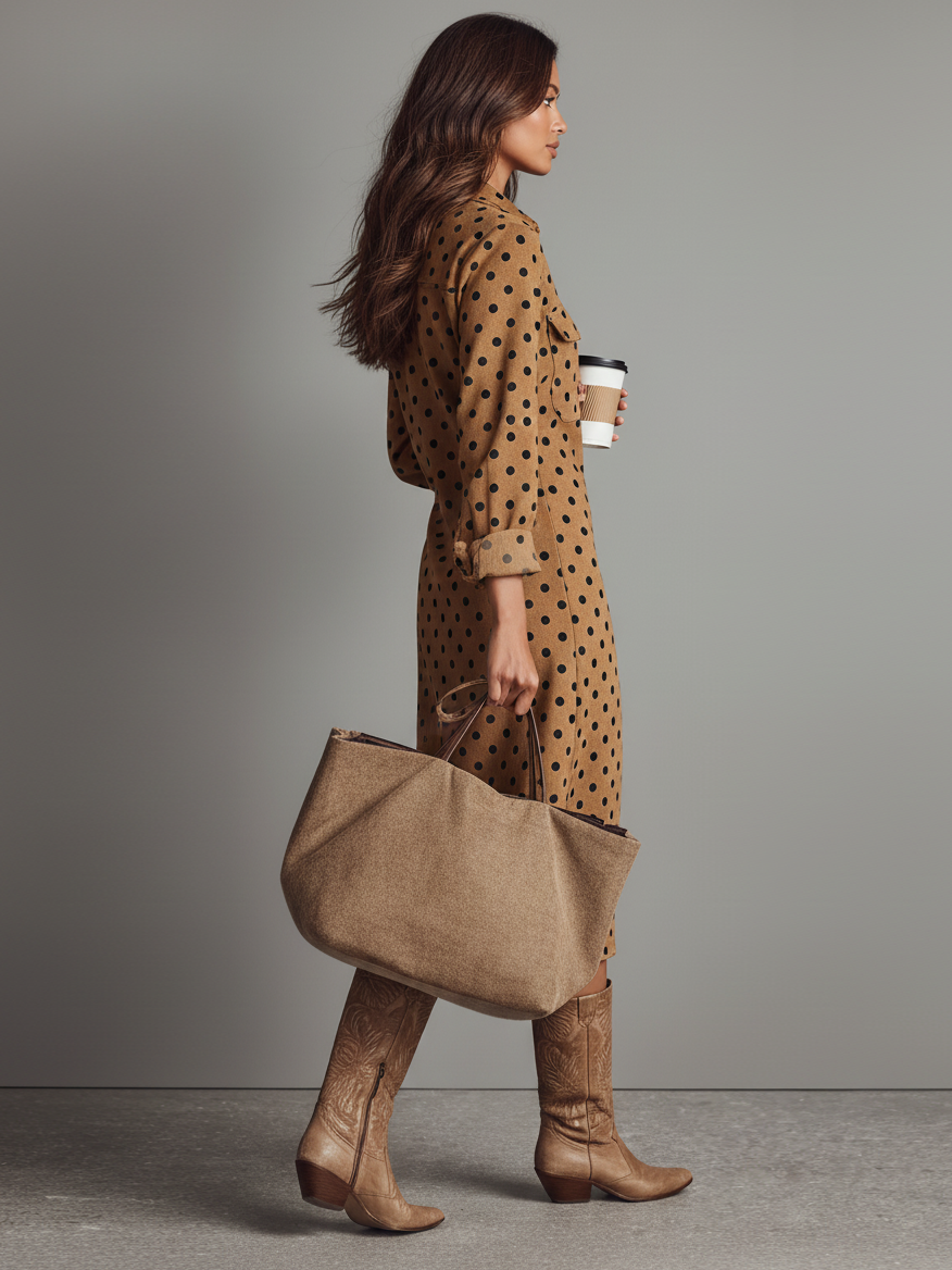 Brown - A woman walking in a tan and black polka dot midi shirt dress with long sleeves, a button-up front, and chest pockets, styled with knee-high brown leather boots and a suede tote bag.