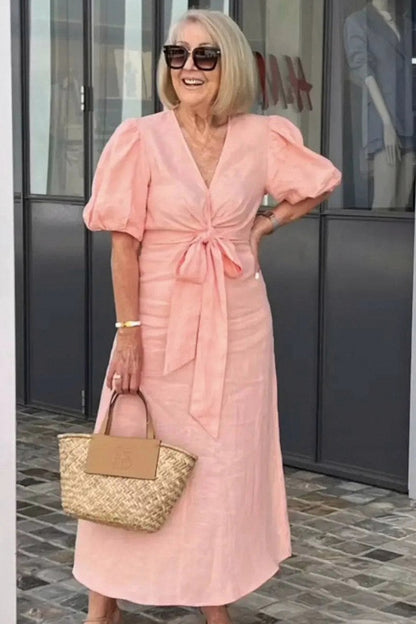 Puff Sleeve Tie Waist Maxi Dress