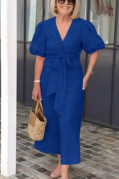 Puff Sleeve Tie Waist Maxi Dress