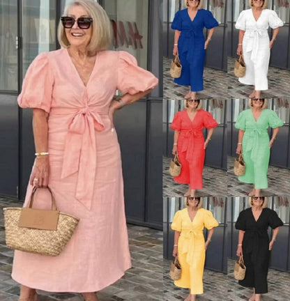Puff Sleeve Tie Waist Maxi Dress