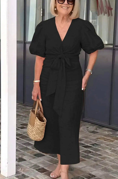 Puff Sleeve Tie Waist Maxi Dress