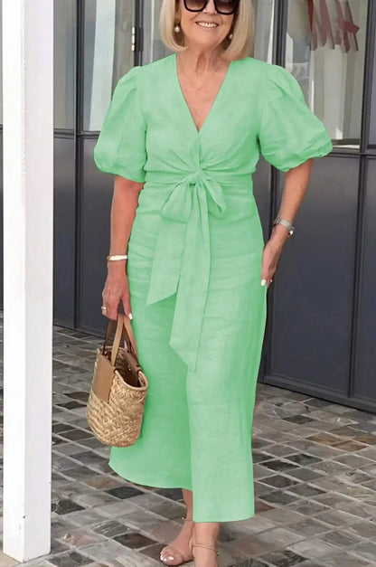 Puff Sleeve Tie Waist Maxi Dress