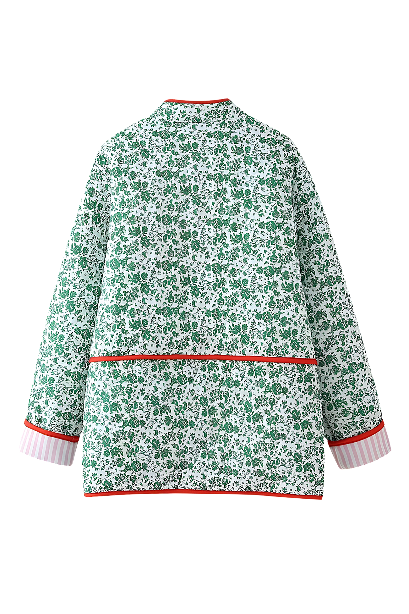 Green - Woman wearing a green and white ditsy floral quilted jacket with red piped trim over a pink striped dress.