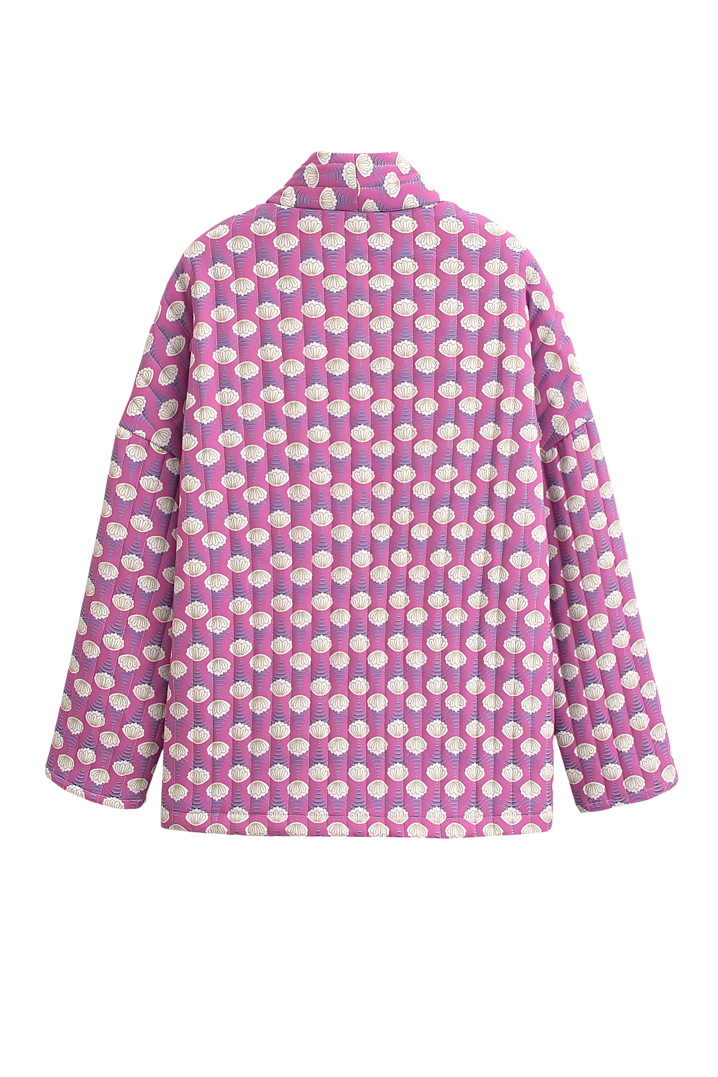 Woman wearing a pink quilted mid-length jacket with a white floral pattern, styled open over a white top and light blue jeans.