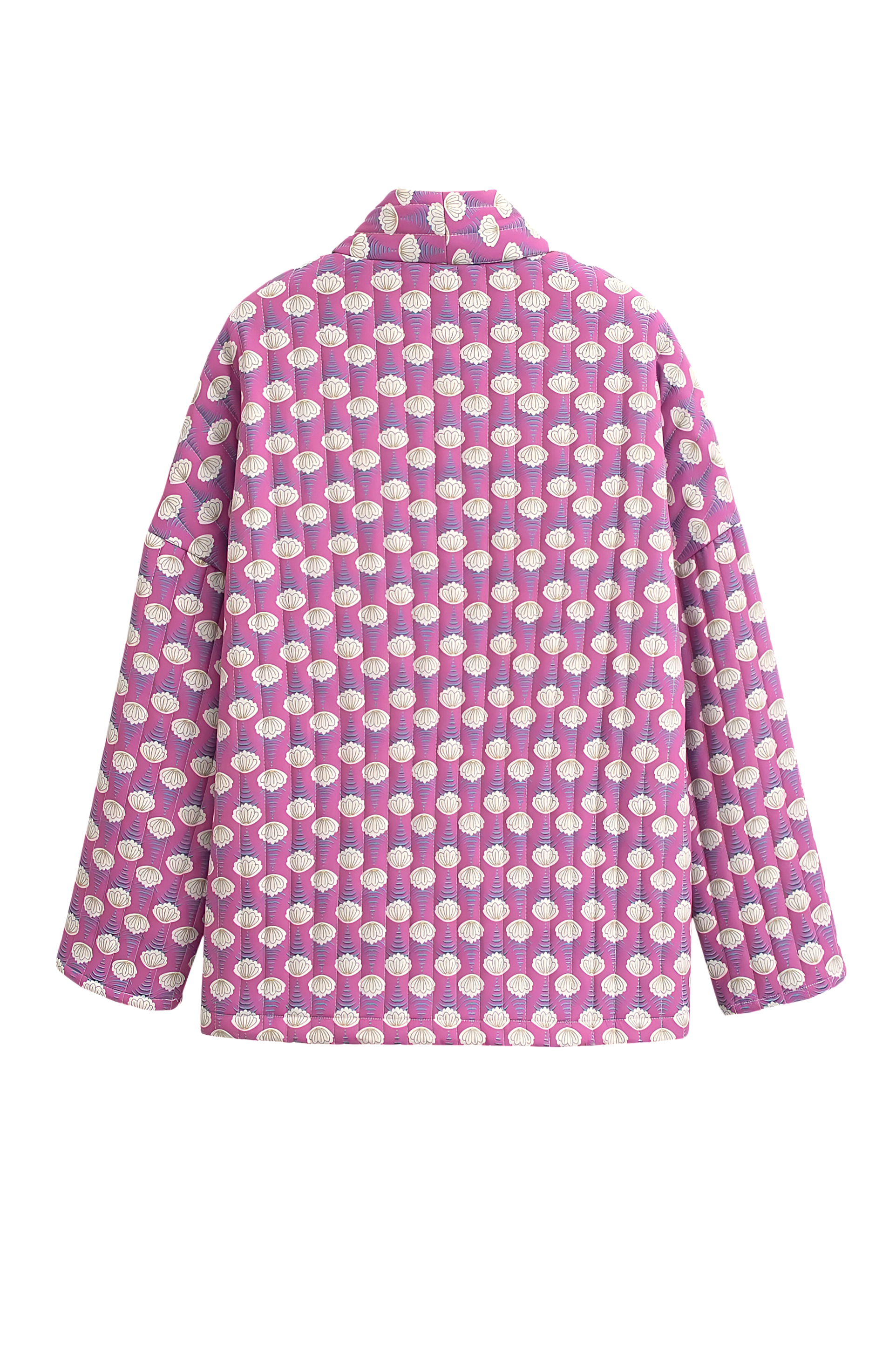 Woman wearing a pink quilted mid-length jacket with a white floral pattern, styled open over a white top and light blue jeans.