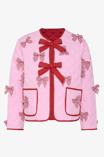 Pink - Women's pink diamond-quilted jacket featuring red contrast trim, red tie-front closures, and decorative red and white gingham bows.