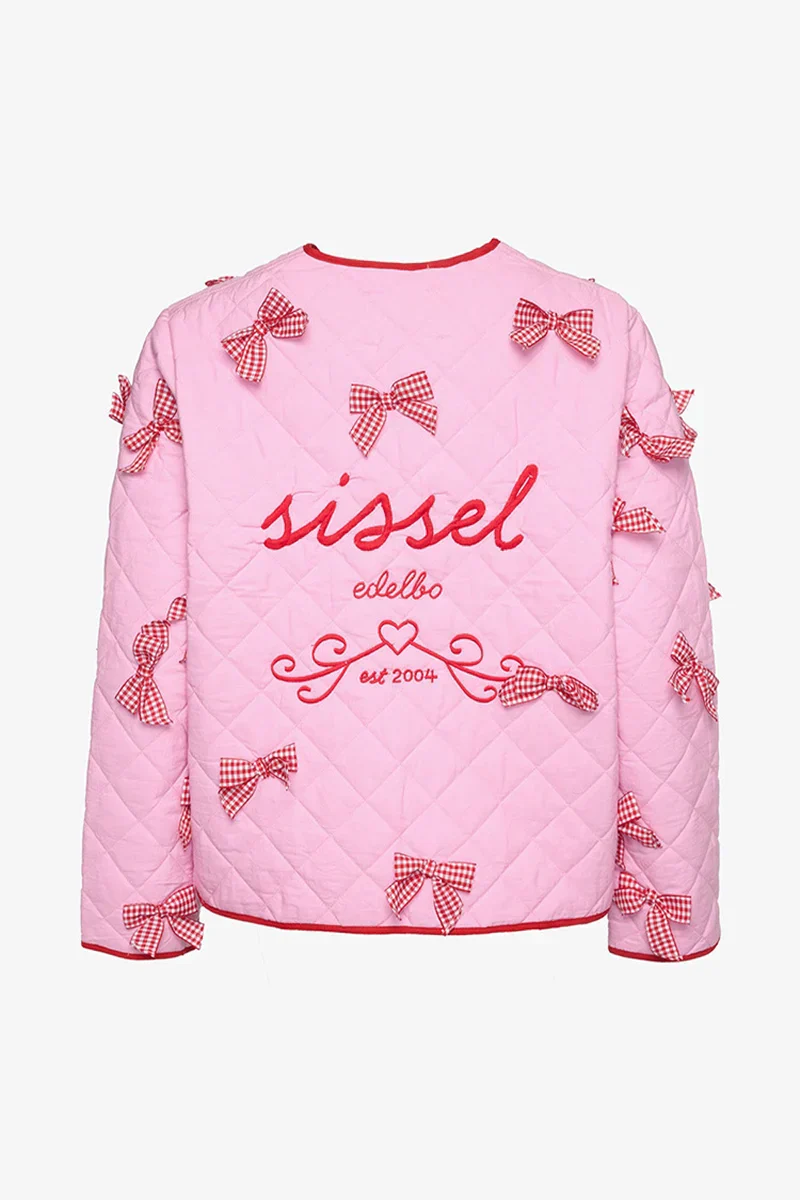 Pink - Women's pink diamond-quilted jacket featuring red contrast trim, red tie-front closures, and decorative red and white gingham bows.
