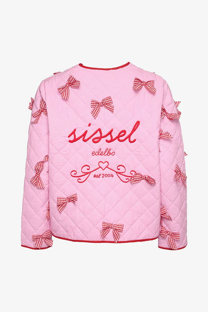 Pink - Women's pink diamond-quilted jacket featuring red contrast trim, red tie-front closures, and decorative red and white gingham bows.