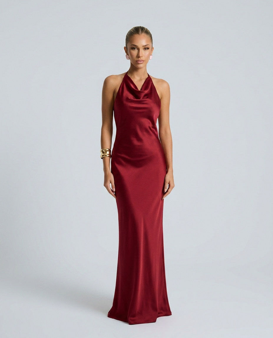 Satin Halter Cowl Maxi Dress