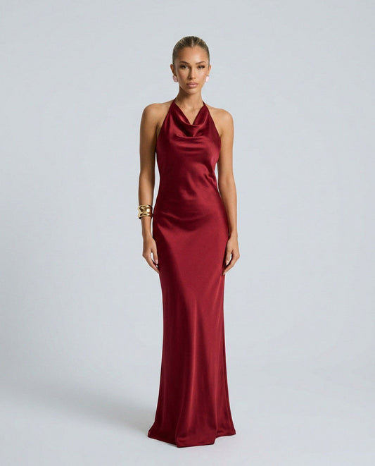 Satin Halter Cowl Maxi Dress