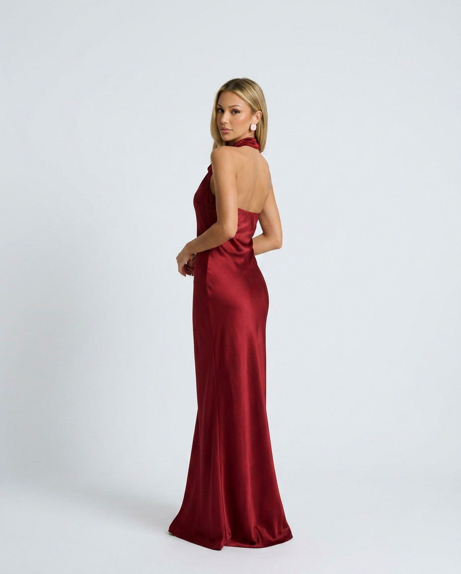 Satin Halter Cowl Maxi Dress