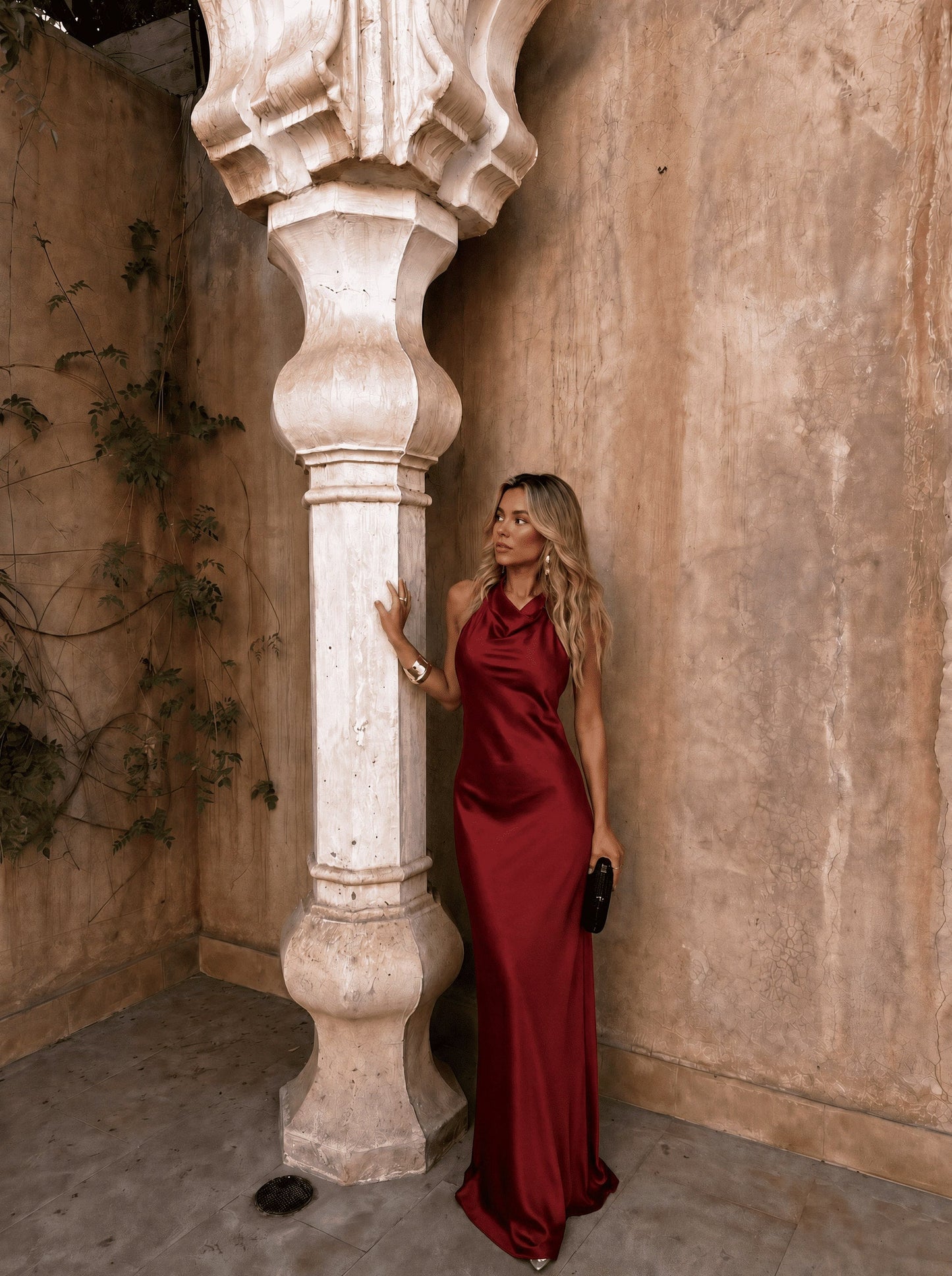 Satin Halter Cowl Maxi Dress