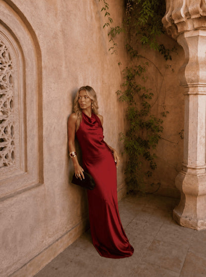 Satin Halter Cowl Maxi Dress