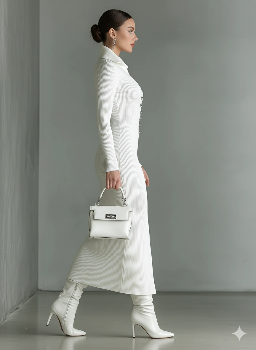 White - A woman wearing an elegant off-white ribbed knit maxi dress featuring a pointed collar, a button-up front placket, long sleeves, and a high front split, paired with matching knee-high leather boots.