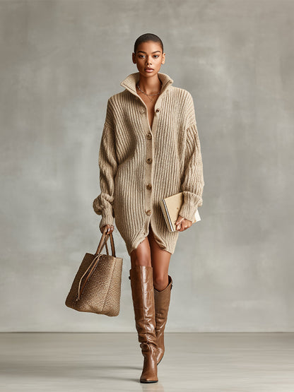 Camel - A woman wearing an oversized, beige ribbed-knit longline cardigan with a high funnel collar and button-up front, paired with tall brown leather boots.