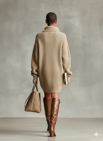 Camel - A woman wearing an oversized, beige ribbed-knit longline cardigan with a high funnel collar and button-up front, paired with tall brown leather boots.