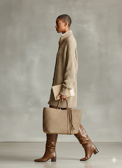 Camel - A woman wearing an oversized, beige ribbed-knit longline cardigan with a high funnel collar and button-up front, paired with tall brown leather boots.