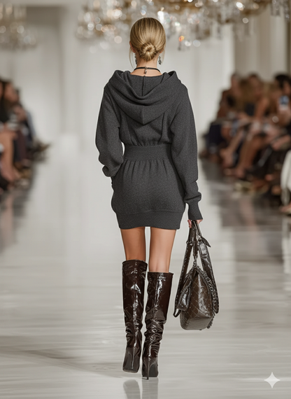 Dark Gray - A model walks a runway wearing a dark grey marled knit hooded mini dress with a zip-up front, paired with thigh-high black patent leather boots and a matching handbag.