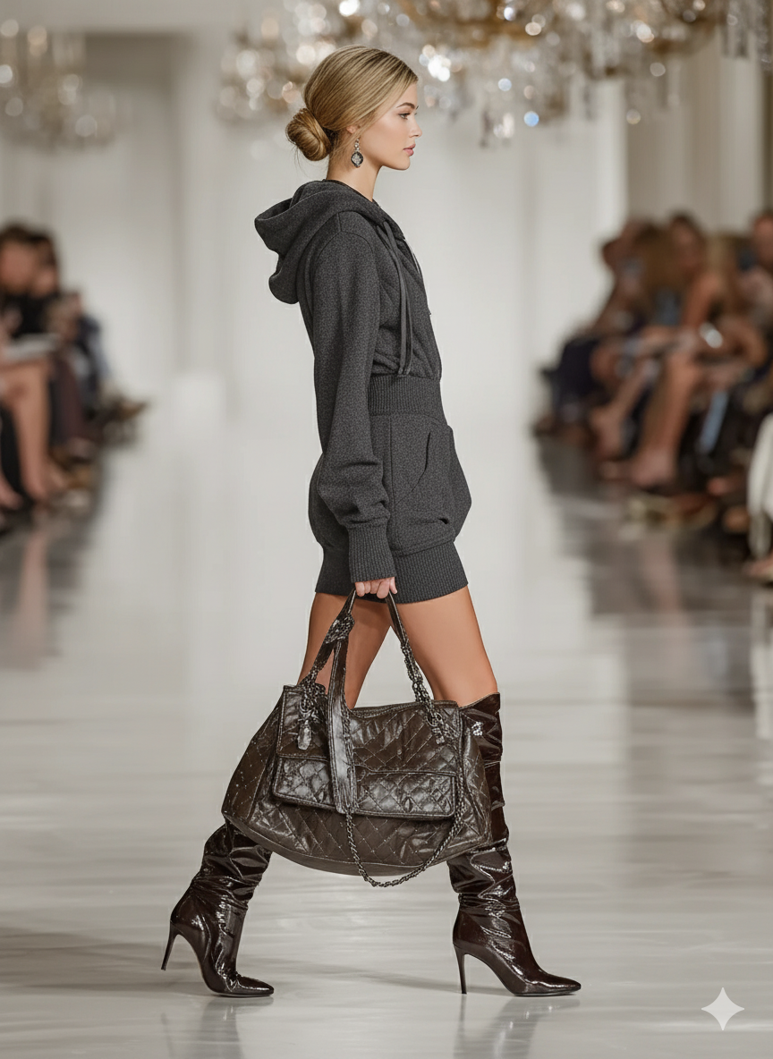 Dark Gray - A model walks a runway wearing a dark grey marled knit hooded mini dress with a zip-up front, paired with thigh-high black patent leather boots and a matching handbag.