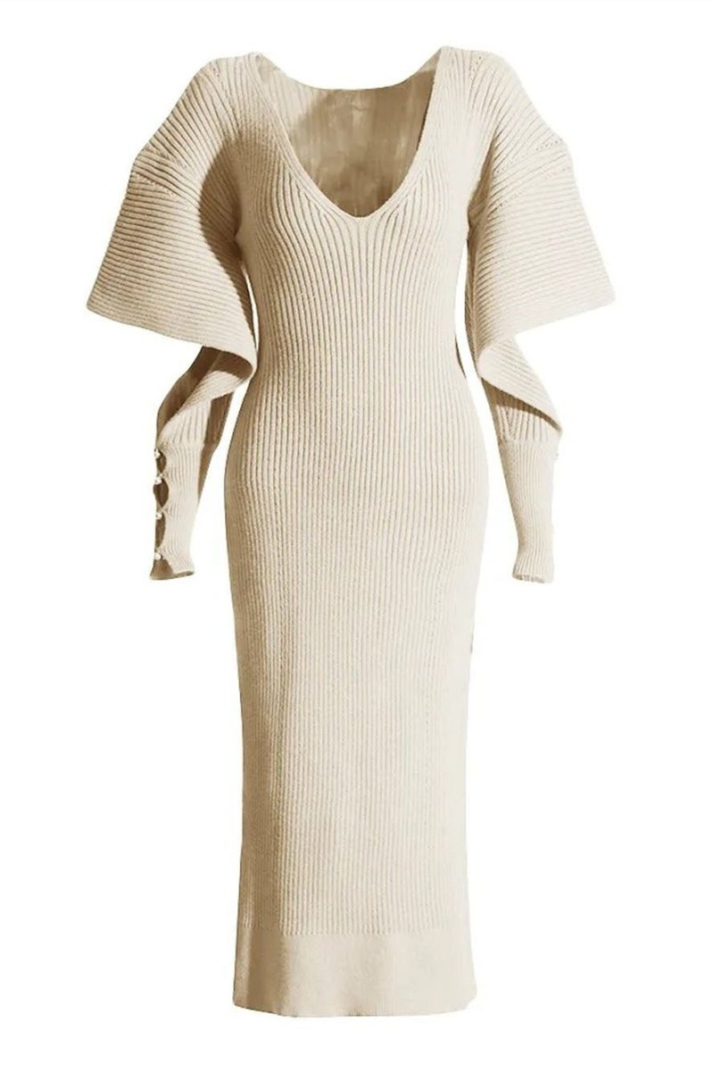 White - Model wearing a ribbed knit V-neck midi dress featuring dramatic split flared sleeves and a fitted silhouette.