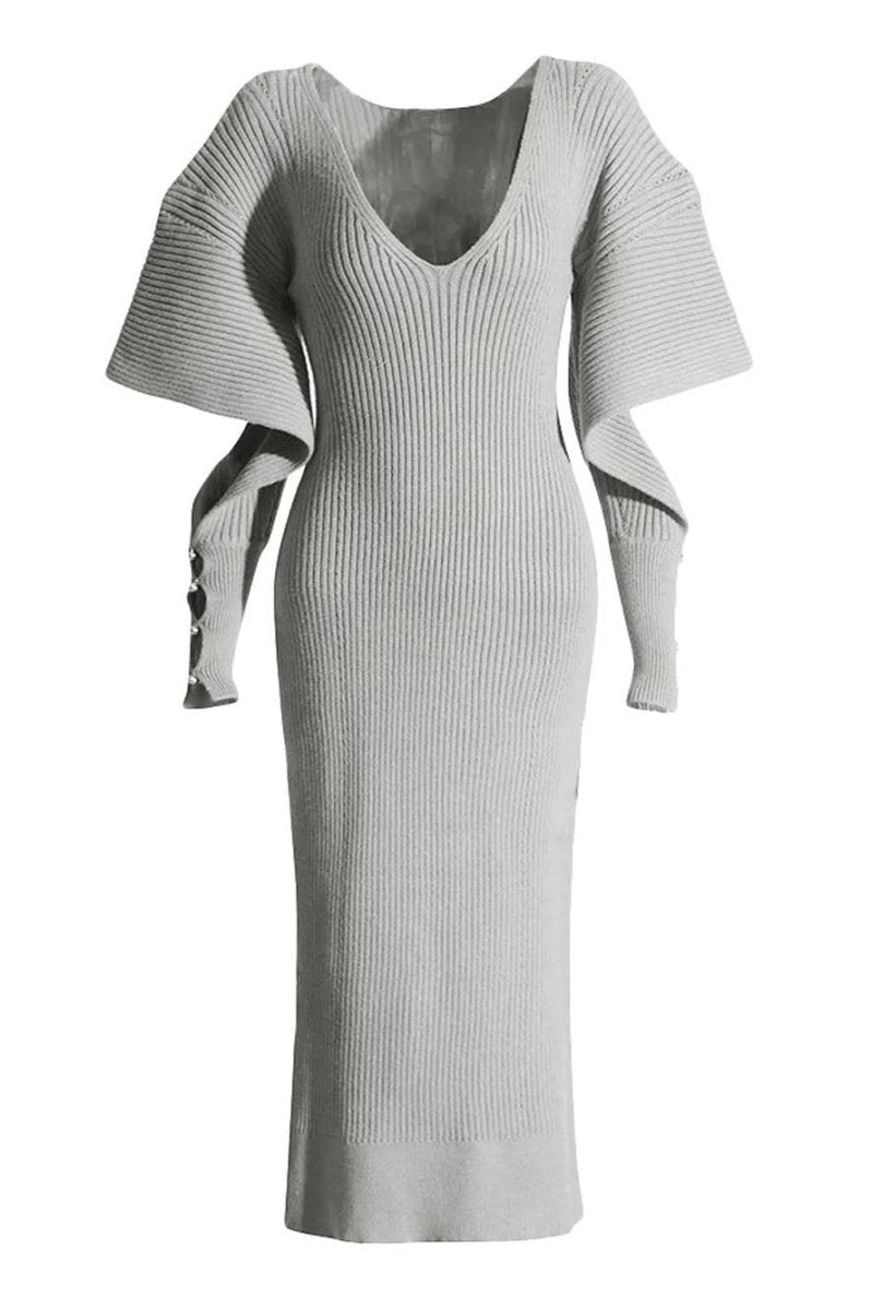 Grey - Model wearing a ribbed knit V-neck midi dress featuring dramatic split flared sleeves and a fitted silhouette.