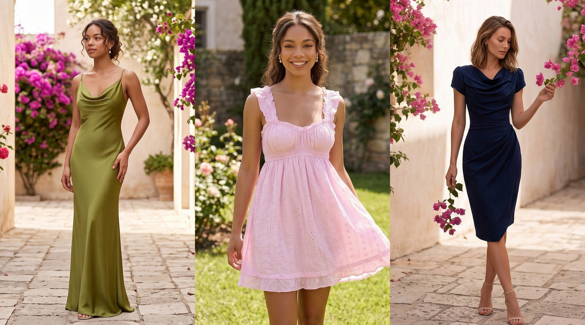 Three women in spring dresses: an olive satin maxi, a pink eyelet mini and a navy midi