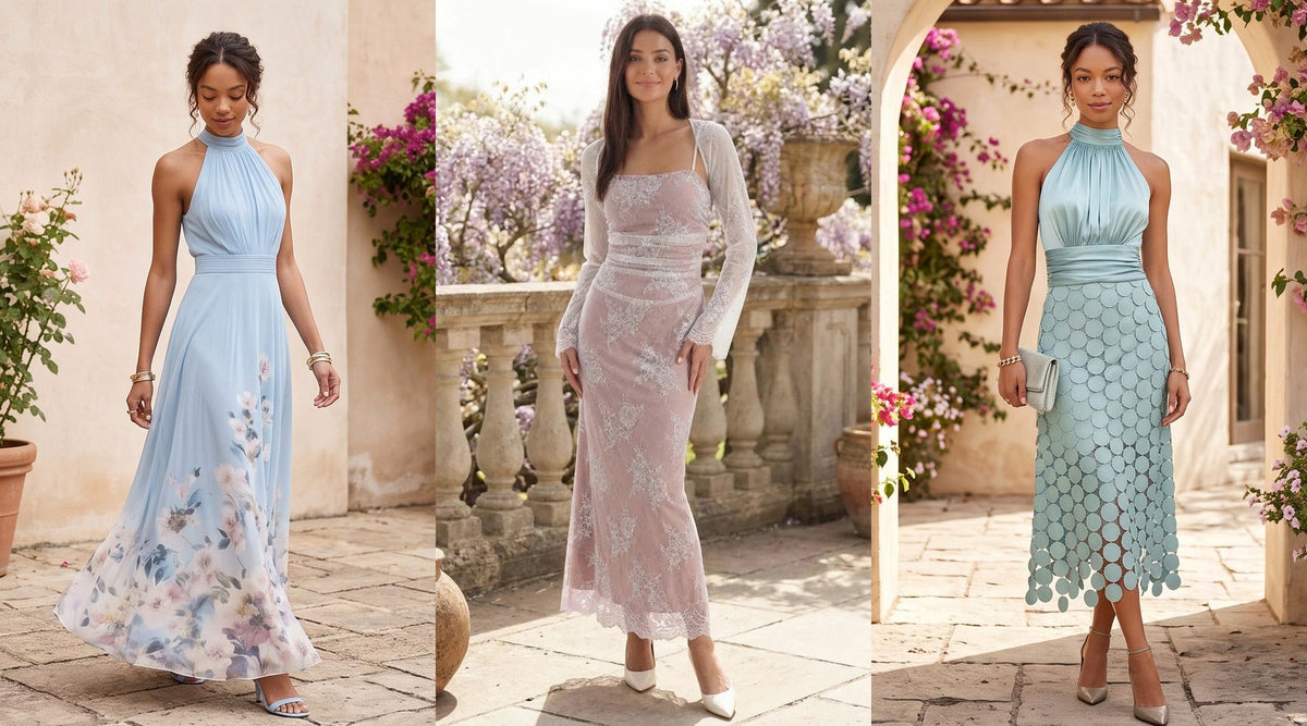 Three women in spring dresses for the races: a blue floral maxi, a blush lace maxi and an aqua halter midi