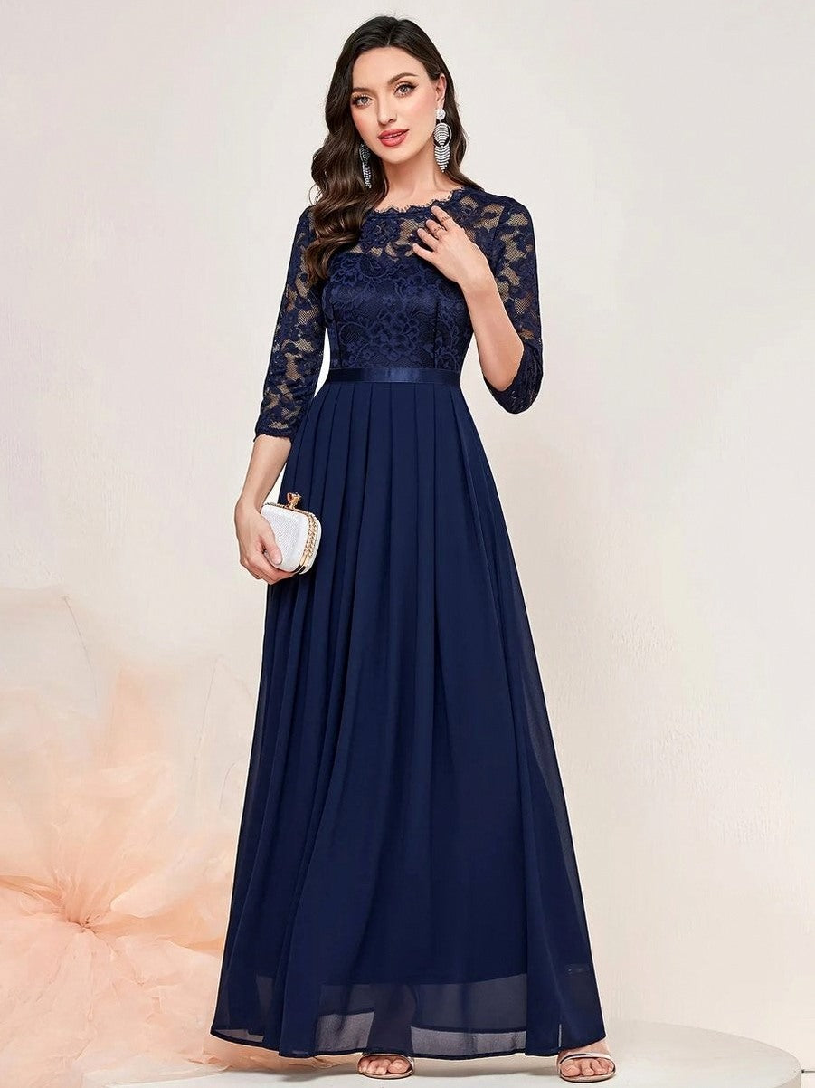 Lace Pleated Formal Maxi Dress